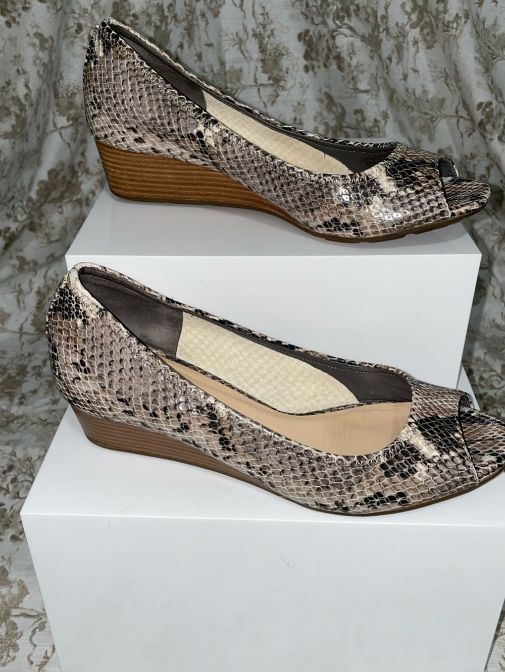 Cole Haan Air Taupe Snake-Print Wedge Peep-Toe wedge.